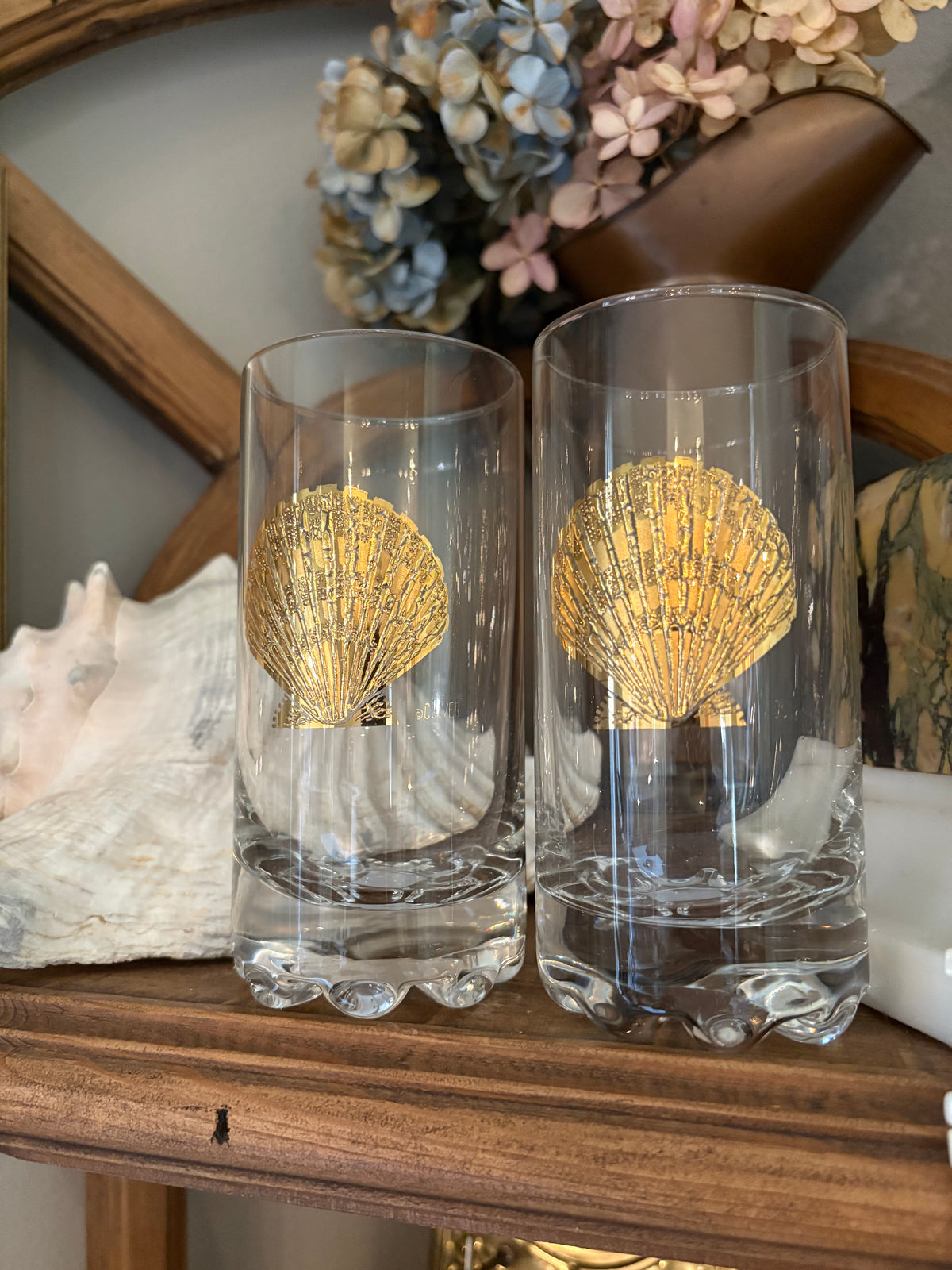 Culver 22KT Gold Shell Drinking Glasses Set of 2 | Midcentury Coastal Barware