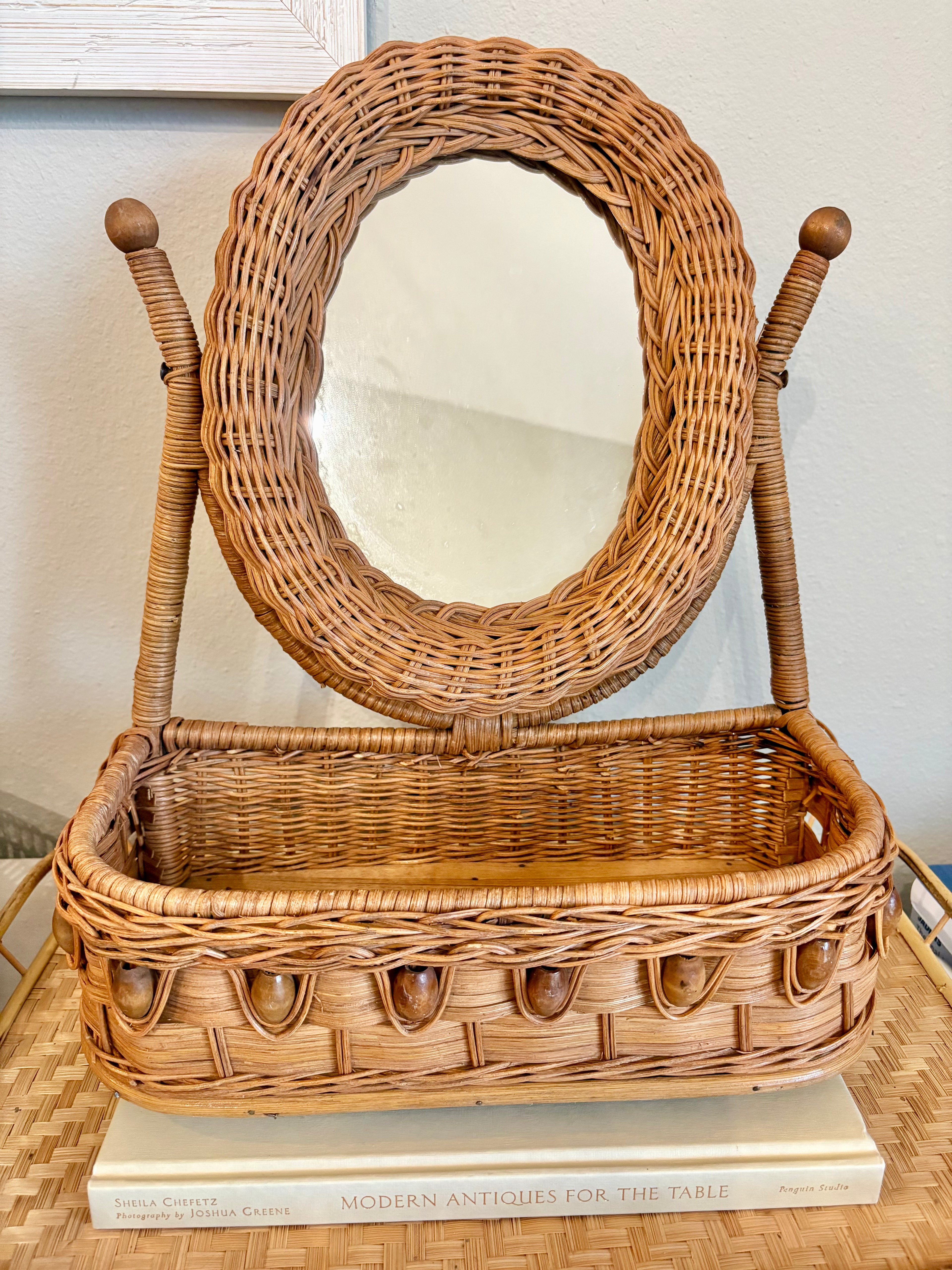 Rattan & Wood Table Top Vanity Mirror