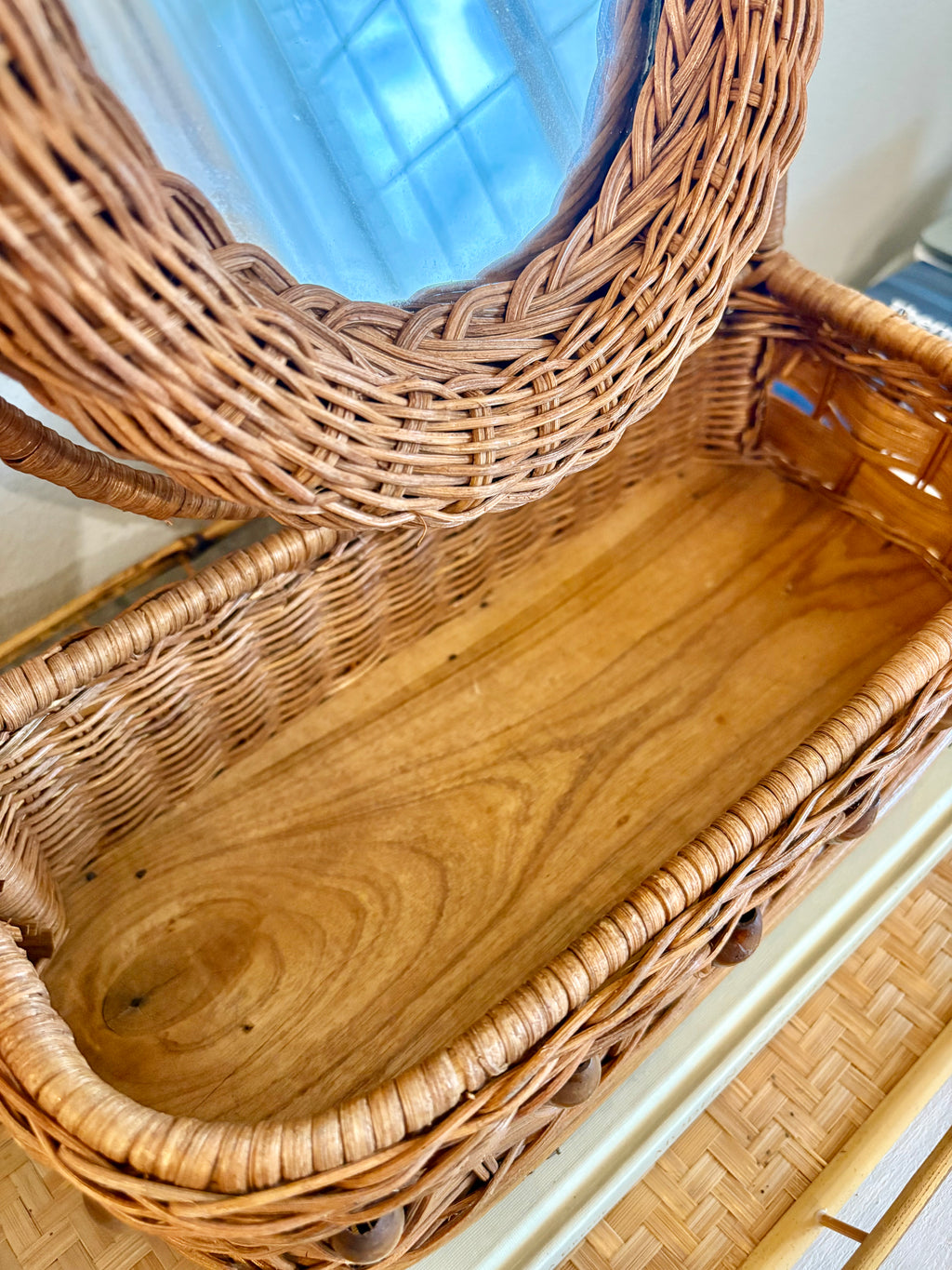 Rattan & Wood Table Top Vanity Mirror